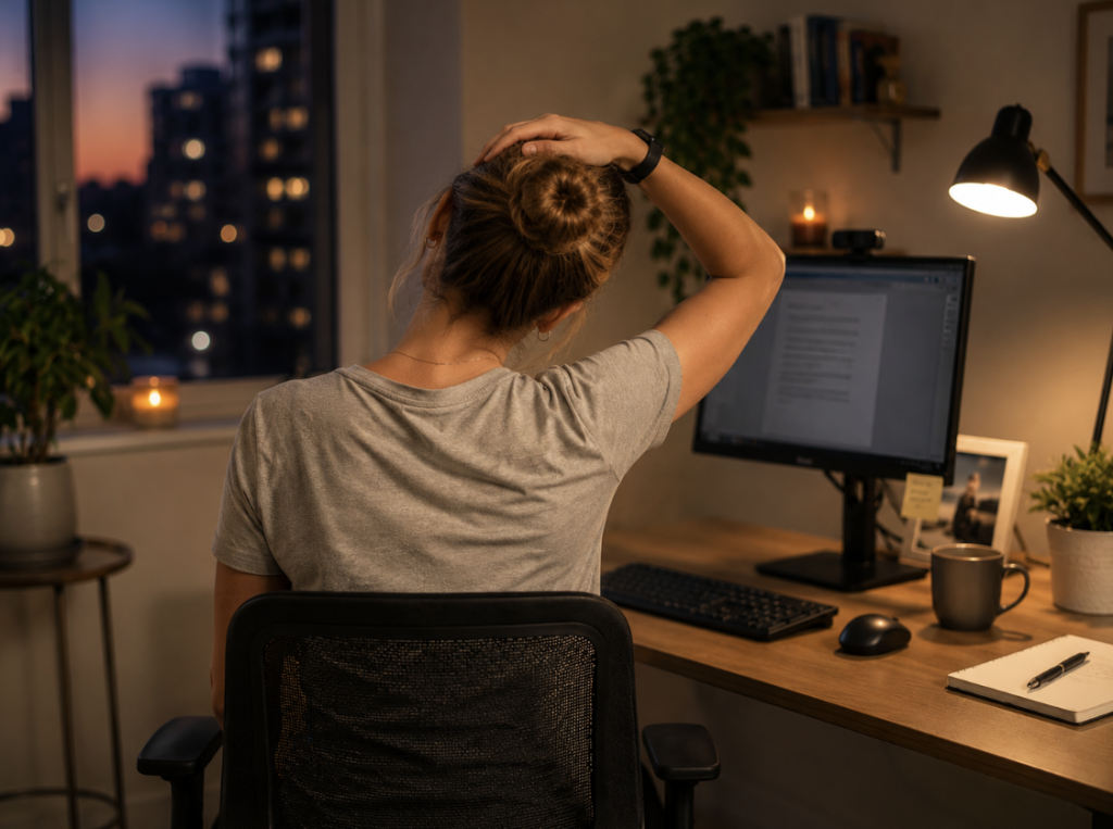 Woman doing a gentle neck-release stretch at her desk to ease shoulder tension.